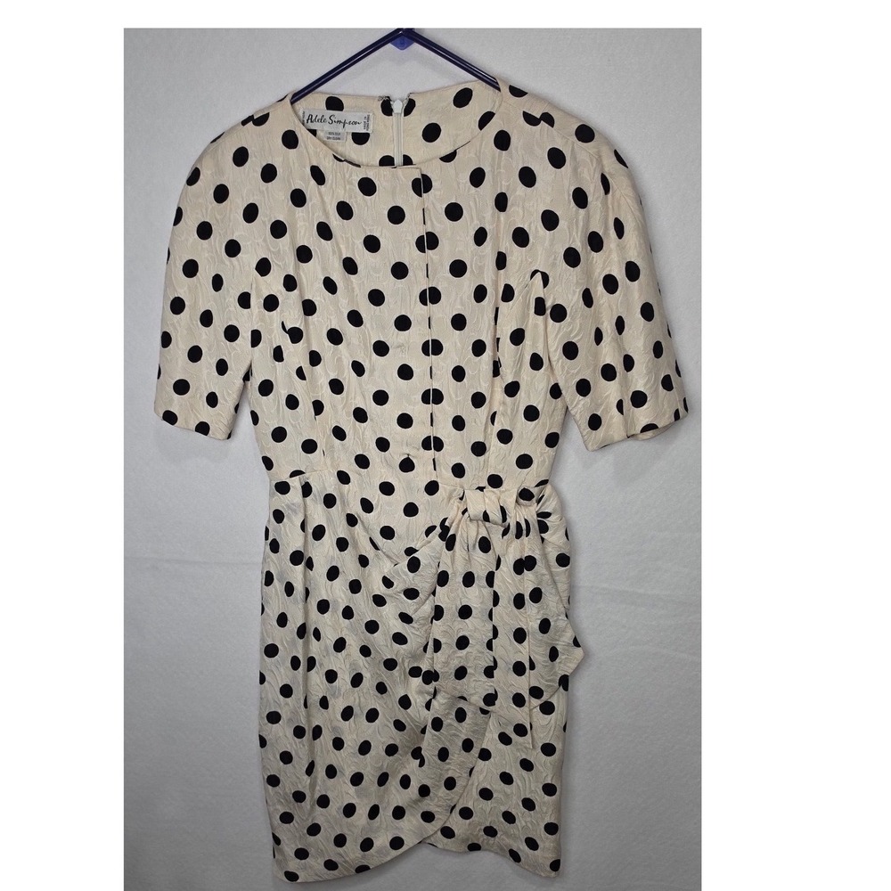 Adele Simpson Vintage Silk Polka Dot Draped Tie Waist Dress Cream Black 80s
